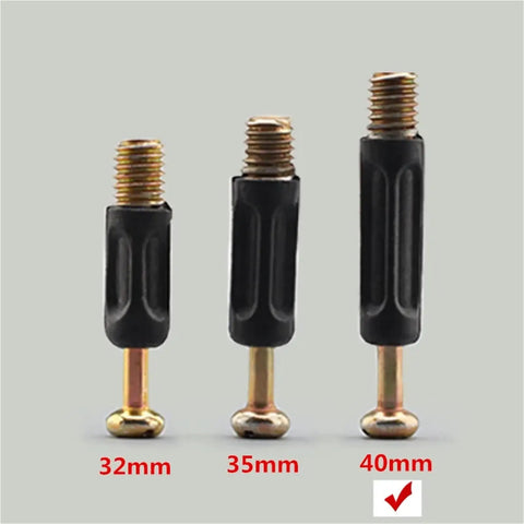 Heavy Duty Furniture Cam Lock Fasteners 100 Piece Set 6mm Male Thread 40mm Long, showing 32mm, 35mm, and 40mm lengths.