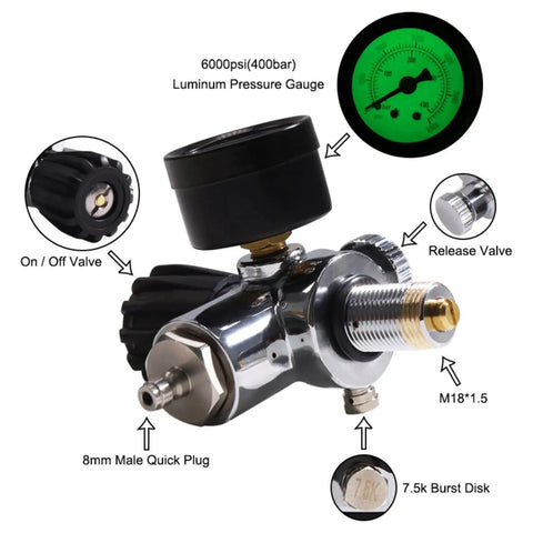4500 Psi 9L Carbon Fiber Scuba Tank With High Pressure Gauge Valve featuring luminuous pressure gauge and release valve