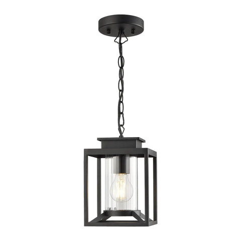 Modern Farmhouse Outdoor Pendant Light for Porch, black lantern with glass cylinder and chain, 6.7 in wide x 9.4 in high