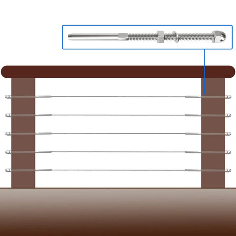 20 Pack 6-Inch Long One Eighth Inch Swage Threaded Stud Tension End Fittings For Deck Cable Railing, T316 Stainless Steel Tensioner For 4x4 And 2x2 Wood Or Metal Posts, Indoor Outdoor, Ready To Install shown in use with deck railing.