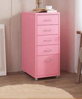 Pink mobile metal filing cabinet on wheels with locking casters, shown in home office setting