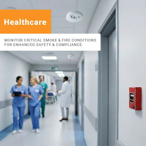 Rugged Wireless LoRaWAN Smoke And Heat Detector With No Fuss Setup And Marathon Battery Life Featuring Slick Cloud Monitoring For Heavy Duty Commercial Sites installed in a healthcare corridor.