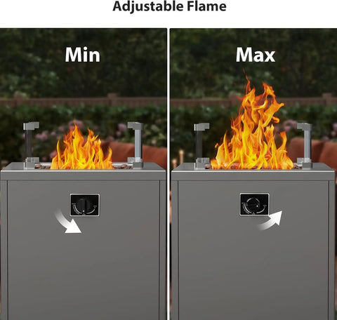 Adjustable flame settings of Smokeless Propane Fire Pit Table With 50000 BTU 20 Inch Square Portable Outdoor Patio Heater.