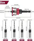 Five Piece Countersink Drill Bit Set With Auto Depth Stop And Pilot Drill One Quarter Inch Hex Shank Tungsten Carbide Two Flute Bits In 2.8 3.2 3.5 And 4 Millimeters Built For DIY Woodworking And Metalworking Projects For Pros, showing sizes