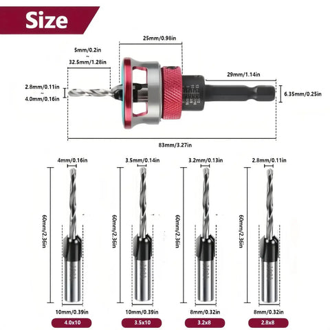 Five Piece Countersink Drill Bit Set With Auto Depth Stop And Pilot Drill One Quarter Inch Hex Shank Tungsten Carbide Two Flute Bits In 2.8 3.2 3.5 And 4 Millimeters Built For DIY Woodworking And Metalworking Projects For Pros, showing sizes