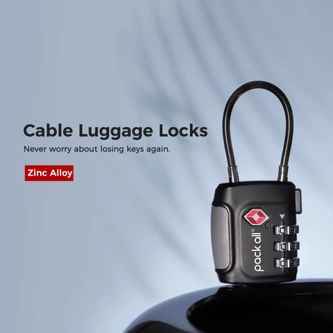 TSA Approved Cable Luggage Locks 3 Digit Combination Padlocks For Suitcases And Bags, Alloy Body Travel Lock displayed on suitcase