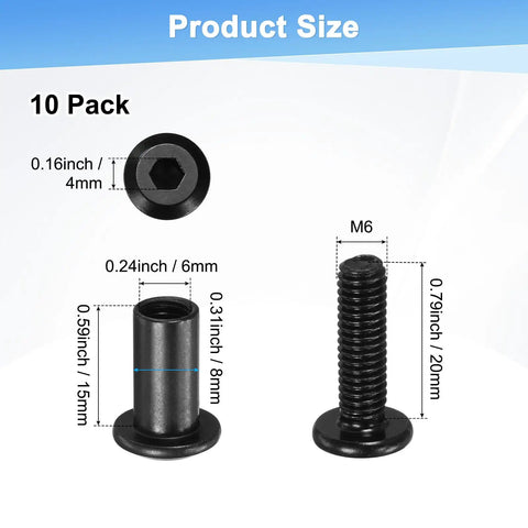 Slick Heavy Duty M6 X 20Mm Hex Drive Socket Cap Bolts Black Carbon Steel Furniture Connector Screws For Cabinet Build Out And Diy Craft Gear 10 Pack product size illustration