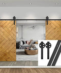 Black Steel Sliding Barn Door Hardware Kit With Pro Grade Big Rollers And Long 6 Ft Track For Closet Doors installed in living room
