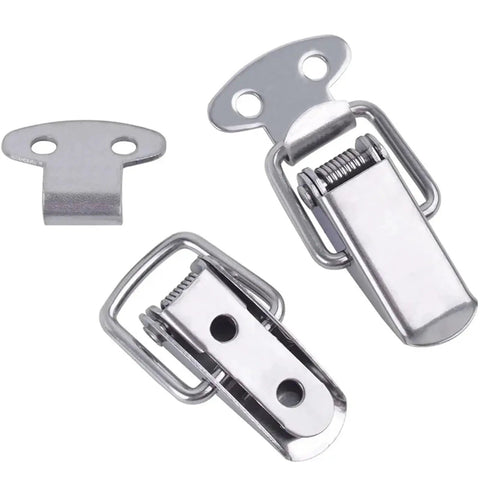 Stainless Steel Spring Loaded Latch Lock For Cabinets And Chests, Toggle Clamp Hasps set with close-up on heavy duty box hardware.