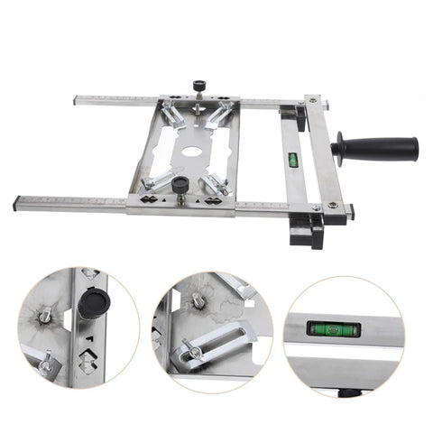 Heavy Duty Adjustable Cutting Machine Support Frame With Edge Guide Positioner for Dead Straight Cuts close-up view with level.