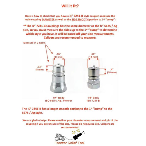 Diagram showing 1/4 inch ISO 7241-B hydraulic couplings with dimensions and measurement guidelines.
