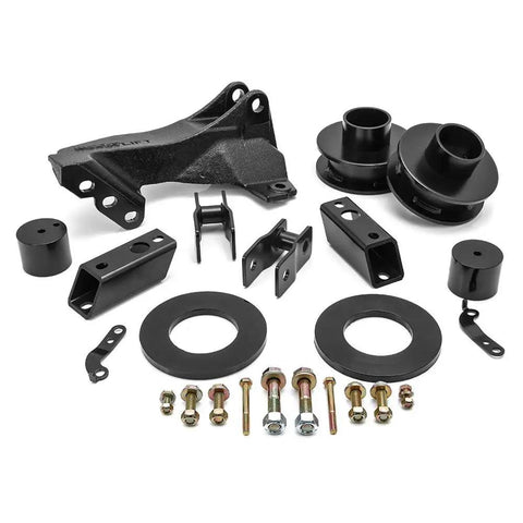Heavy Duty 2.5 Inch Front Leveling Kit With Track Bar Relocation Bracket For 2011 To 2020 Ford Super Duty F250 F350 4wd Trucks components with black cast iron and rubber parts.