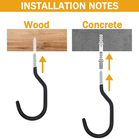 Installation notes showing Road Bike Hooks For Garage Walls And Ceilings Heavy Duty Bicycle Hangers for wood and concrete surfaces.
