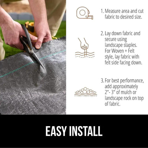 Instructions for installing Heavy Duty Weed Barrier Fabric 4 Ft By 50 Ft Durable Woven Ground Cover for landscaping.