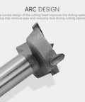 Close-up of Heavy Duty Carbide Tipped Forstner Drill Bit Set With Hella Sharp Cutting Edges showing arc design for efficient drilling.