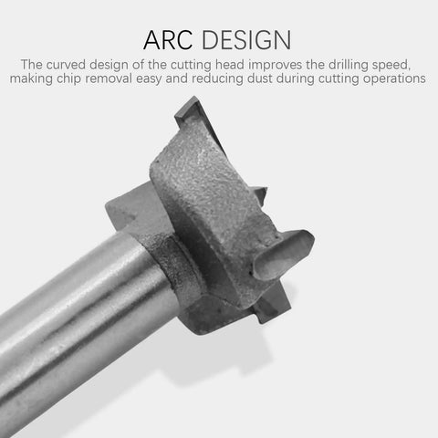Close-up of Heavy Duty Carbide Tipped Forstner Drill Bit Set With Hella Sharp Cutting Edges showing arc design for efficient drilling.