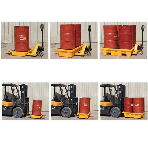 Spill Containment Pallet for Oil Drums with Leak Proof Nestable Tray and Anti Slip Polyethylene Platform, 130x130x30 cm in use
