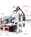110V Mini Belt Sander Polisher With 9000 RPM, Dual Bearing Dust Guard, Edge Sharpener, pedestal and motor visible