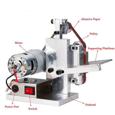 110V Mini Belt Sander Polisher With 9000 RPM, Dual Bearing Dust Guard, Edge Sharpener, pedestal and motor visible