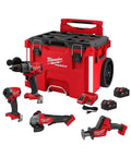 Professional Grade M18 Fuel Four Pack Cordless Power Tool Combo Kit Featuring Heavy Hitting One Half Drill Fast Draw Impact Wrench And Kickin Sawszall Saw Built For Long Shifts On Site With Top Shelf Performance with red tool case and accessories.