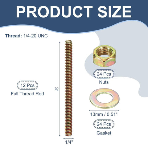 One Quarter Inch By Three Inch Zinc Plated Fully Threaded Rods 12 Pack Heavy Duty Carbon Steel Long Threaded Stud Bolts image