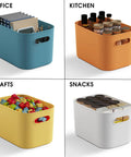 10 Pack Colorful Plastic Storage Bins With Handles For Shelves Or Cabinets Durable Organizer Boxes To Tidy Crafts Snacks Cosmetics Office Essentials And Pantry Items While Adding A Fun Pop Of Color shown with various uses