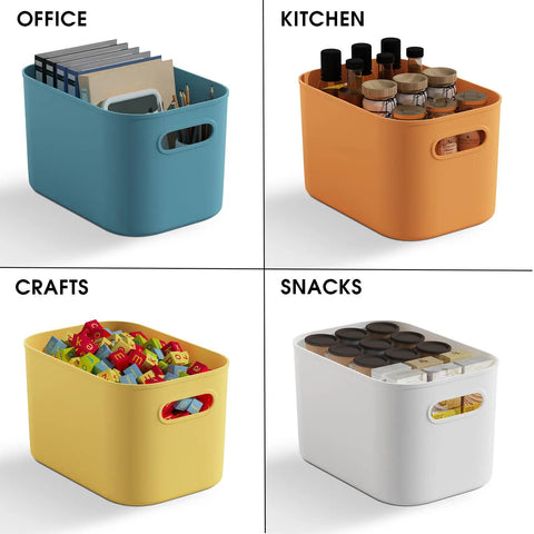 10 Pack Colorful Plastic Storage Bins With Handles For Shelves Or Cabinets Durable Organizer Boxes To Tidy Crafts Snacks Cosmetics Office Essentials And Pantry Items While Adding A Fun Pop Of Color shown with various uses