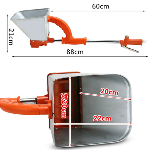 Real Deal Pneumatic Cement Sprayer With Four Hole Nozzle Boss Grade Mortar Gun showing dimensions and stainless steel build.