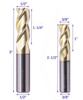 Two end mills from Solid Carbide End Mill Set For Aluminum, 6 Pc ZRN Coated, Beast Mode 3 Flute, 37 Degree Helix, HRC55, show close-up of square end bits.