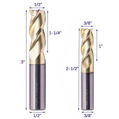 Two end mills from Solid Carbide End Mill Set For Aluminum, 6 Pc ZRN Coated, Beast Mode 3 Flute, 37 Degree Helix, HRC55, show close-up of square end bits.