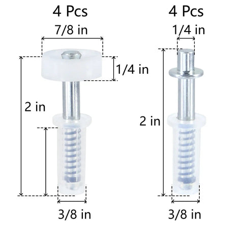 4 Pack Bi-Fold Door Top Roller Guide Wheels And Top Pivots, 3/8 Inch Shaft, Stainless Steel, Fits Doors 1 To 1-3/8 Inches Thick, Durable Roller Set For Easy Glide And Smooth Quiet Operation. Shown with 2 in and 3/8 in dimensions.