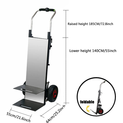 Heavy Duty Electric Stair Climber Cart With 30Ah Battery dimensions showing foldable design and adjustable heights for easy transport.