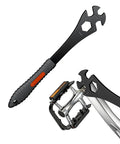 All In One 3 In 1 Bike Pedal Wrench With 15 16 24 Mm Openings, 320 Mm Extra Long Pedal Removal Tool shown with pedal and crank