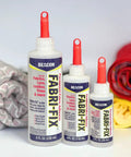 Three sizes of Fabri Fix Bonding Solution With Fast Grab And Quick Dry For Fabric Leather Suede Canvas And More, bottles labeled 8 oz, 4 oz, and 2 oz.