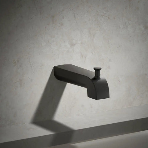 6 Inch Wall Mount Diverter Bath Spout With Half-Inch Slip-Fit Connection Matte Black Finish Sleek Modern Look mounted on wall