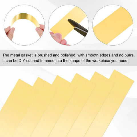 Close-up of Brass Shim Strip Set 6 Inch Length 1 Inch Wide Handy DIY Brass Sheet Stock With Assorted Thickness for crafting.