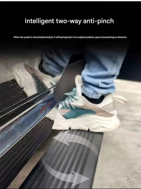 Foot positioned on Plug And Play Deployable Running Boards For Tesla Cybertruck showcasing anti-pinch feature and sleek design.