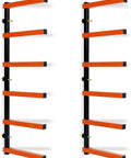 Heavy Duty Six Shelf Lumber Rack Wall Mount Wood Organizer Built Tough For Garage Storage Rock Solid Steel Construction with orange shelves.