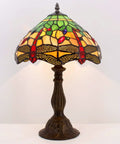 Green And Yellow Stained Glass Tiffany Dragonfly Table Lamp For Bedside And Desk Use, Reading Light With Antique Bronze Base