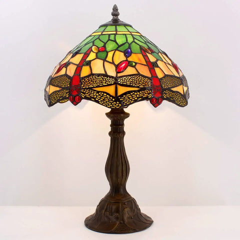 Green And Yellow Stained Glass Tiffany Dragonfly Table Lamp For Bedside And Desk Use, Reading Light With Antique Bronze Base