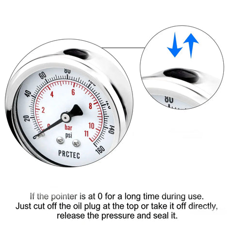 Close-up of Beefy Dry Pressure Gauge with two and a half inch dial, showing 0 to 100 Psi range, 304 stainless steel case, rust resistant