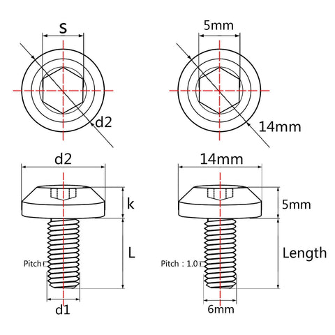 Technical diagram of Beefy Titanium M6x25mm Bolts Set for Bicycle and Motorcycle Disk Brakes, dimensions in millimeters.