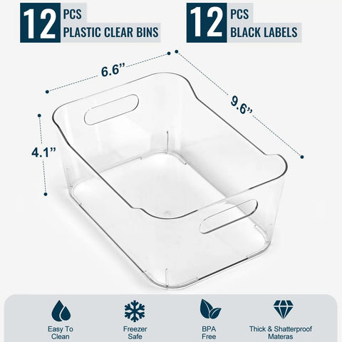 Straight Up Kitchen Pantry Game Changer This Twelve Pack Of Clear Plastic Storage Bins And Bold Black Labels, 9.6x6.6x4.1 inches, practical for organization.