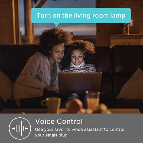 Woman and child using laptop with Smart WiFi Plug Outlet for voice control of living room lamp via Alexa Google Home IFTTT