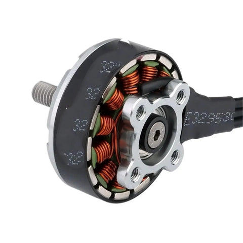 Close-up of 2807 1300KV 3 To 6S Brushless Motor with aluminum housing and bearings for 7 inch FPV racing drones.