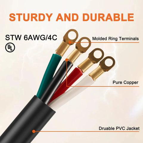 Heavy Duty Nema 14-50 Range Power Cord Stove Dryer Plug And Play 6 Awg 4 Wire Pigtail with copper ring terminals.