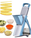 Front view of blue Safe Mandoline Slicer 5-in-1 adjustable vegetable chopper with detachable blades and food catch tray
