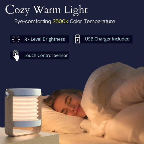 Cozy bedroom with Grab And Go Rechargeable LED Lantern With 2000mAh Battery next to a sleeping person, showcasing soft lighting.
