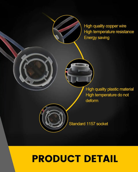 LED Bulbs Socket Wiring Harness BAY15D 2057 2357 7528 base with copper wire and ABS housing, angled view and material details.