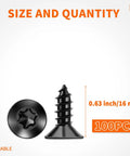 Number 8 X 5/8 Inch Black Coated Flat Head Torx Wood Screws 100 Pack showing size and quantity details.